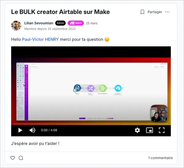 Réponse vidéo personnalisée — Le BULK creator Airtable sur Make